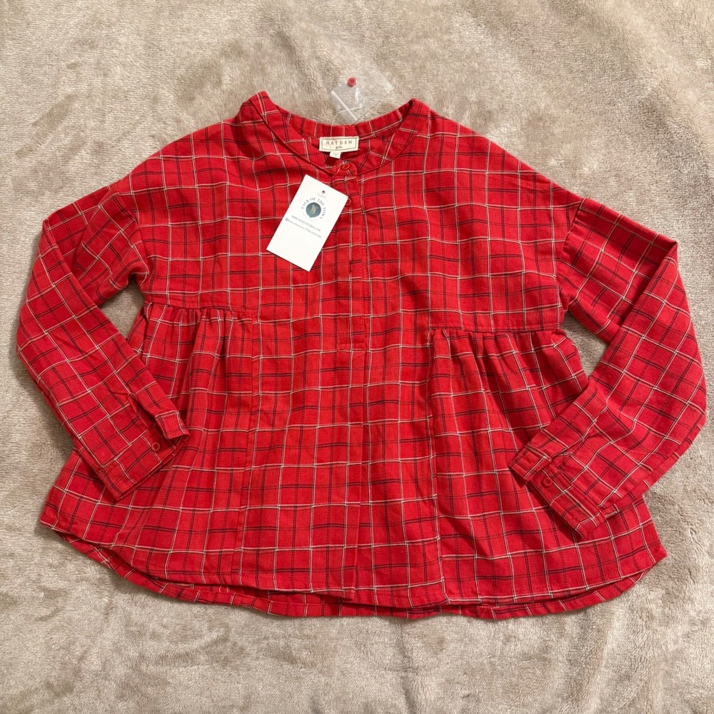 Hayden Girls Red Grid Stripe Babydoll Shirt Long Sleeve Button Down Size 11/12